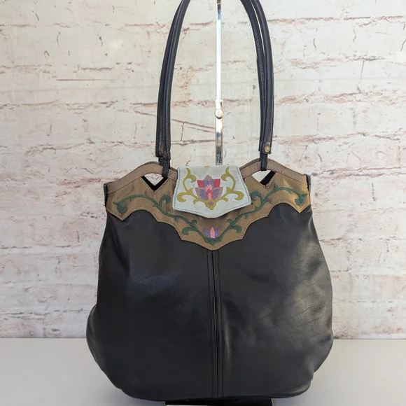 Papillon Vintage Elegant Black Leather Tote Bag - Picture 1 of 12